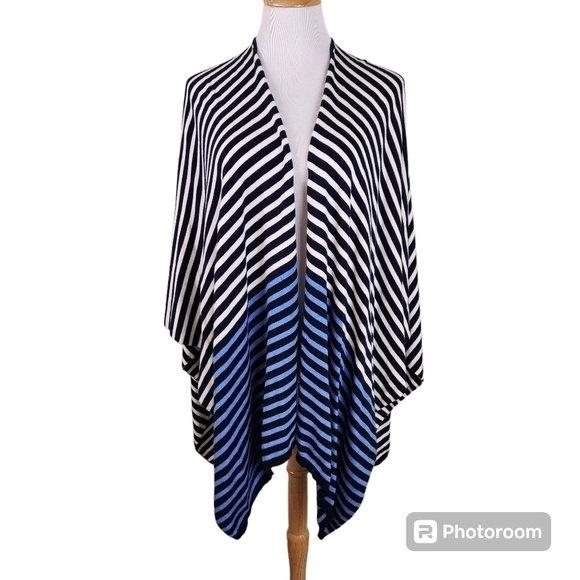 NWT Talbots Nautical Striped Blue White Cape Poncho Wrap Open Front - Picture 1 of 6
